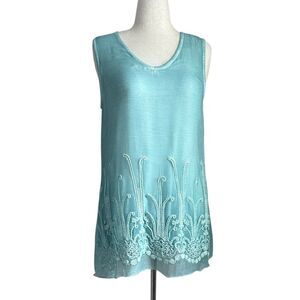 Soft Surroundings Aqua Blue Silk Embroidered Sleeveless Tunic Top | Size Medium